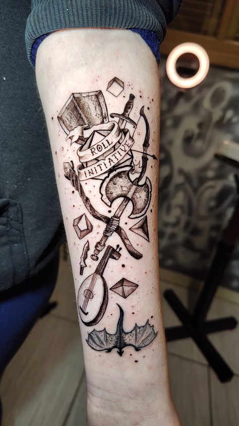 Dungeon Master Tattoo Ideas, D D Tattoo, Dnd Tattoo Sleeve, Tattoo Ideas For Gamers, Nerd Sleeve Tattoo, Dnd Tatoos Ideas, D And D Tattoos, Pathfinder Tattoo, Nerd Tattoo Sleeve