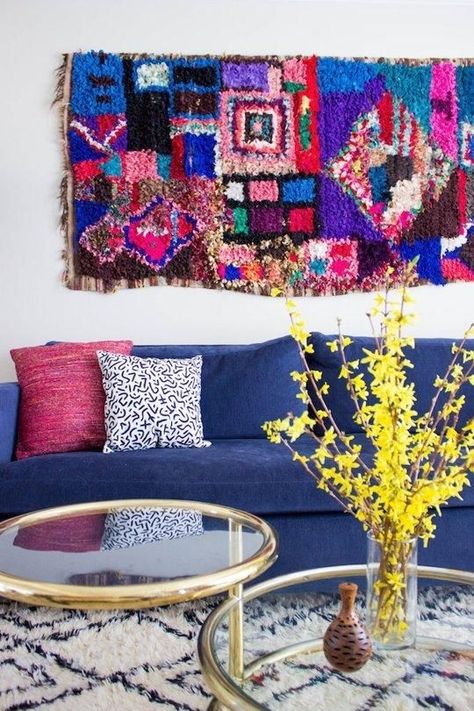 Rugs On The Wall, Rug On The Wall, Colourful Sofa, Rug Hanging, Colourful Rugs, Blue Couch, Wall Weave, Hanging Rug, Above Couch