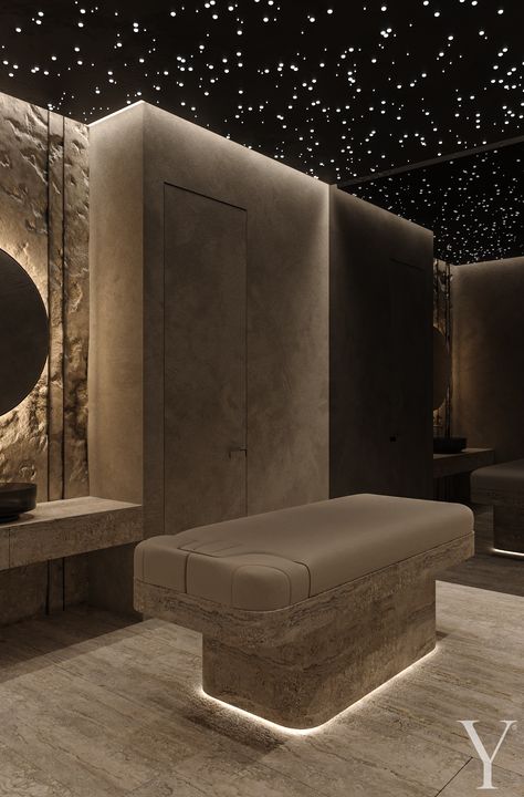 shower spa hotel massage hammam interior design starry sky ideas for relax room Massage Room In House, Dark Spa Interior Design, Luxury Home Spa Design, Spa Ceiling Ideas, Sauna Relax Room, Office Relaxation Room, Small Massage Room Ideas, Spa Shower Ideas, Spa Moodboard