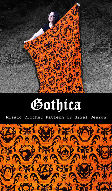 Gothica is a Halloween themed mosaic crochet blanket pattern inspired by old Victorian damask-style wallpaper. The pattern includes 6 different Halloween characters (Black Cat, Skull, Raven, Witch, Jack-o-lantern, Ghost) and can be mixed and matched to create any configuration you like. The blanket can be made any size from king sized to baby blanket, or even a pillow or small wall-hanging.  #mosaiccrochet #gothicablanket #halloweencrochet #gothcrochet #sixeldesign Skull Pillow Crochet Pattern, The Shining Crochet Pattern, Mosaic Crochet Skull Pattern, Jackalope Crochet Pattern Free, Halloween Mosaic Crochet Patterns, Crochet Horror Blanket, 2 Color Afghan Crochet Patterns, Crochet Dark Aesthetic, Halloween Crochet Blanket Pattern