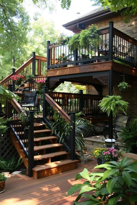 Two Tier Deck Ideas: Elevate Your Outdoor Space Deck Off Bedroom Balconies, Double Deck Ideas Backyards, Decks On A Hill, Two Layer Deck Ideas, Tiered Back Deck, Two Level Patio Ideas, Deck With Stairs To Backyard, Farmhouse Back Deck Ideas, Tiered Deck With Pool