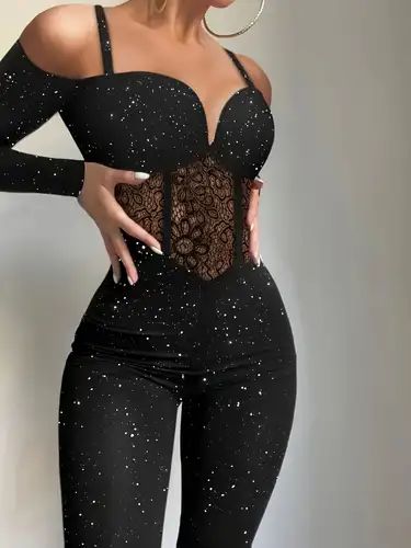 Corset Jumpsuit, Cold Shoulder Jumpsuit, Black Suspenders, Dress Tight, Shiny Dresses, Jumpsuit Pattern, Cold Shoulder Long Sleeve, High Waist Fashion, Pant Length