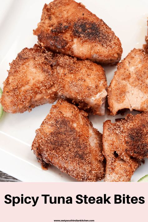 If you are looking to make a fish fry that is easy to make and at the same time very tasty, then try this Spicy Tuna   steak bites. Great to serve with some salad or as a side dish with some mashed potato or avocado. Tuna Bites Recipe, Fried Tuna, Tuna Bites, Salmon Bites Recipe, South Indian Kitchen, Ahi Tuna Steak, Tuna Steak Recipes, Tuna Steak, Salmon Spices