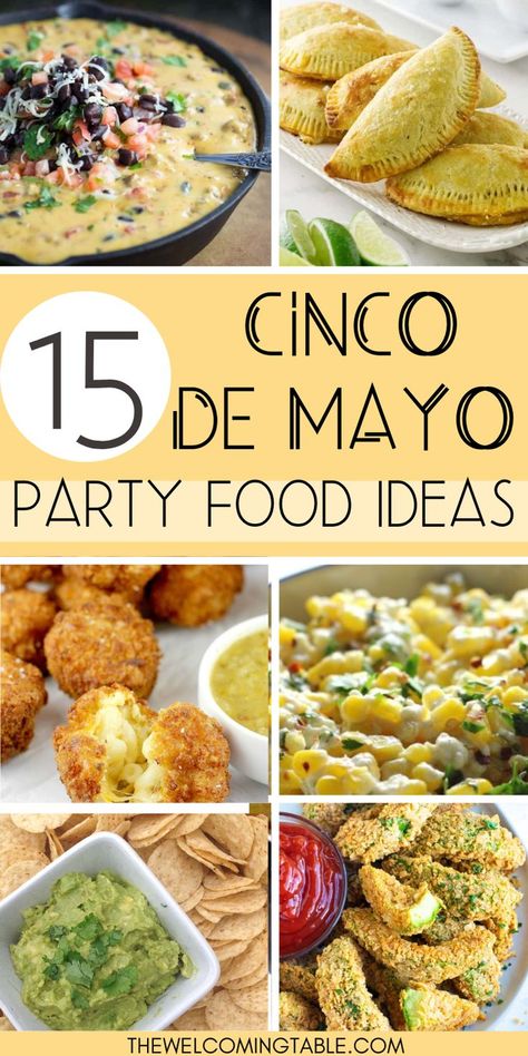 A collage of Mexican party food: queso, empanadas, fried salsa verde macaroni balls, street corn salad, homemade guacamole, and avocado fries Mexican Party Food Ideas, Mexican Finger Foods, Mexican Appetizers Easy, Party Food For A Crowd, Fiesta Party Food, Easy Mexican Dishes, Mexican Party Food, Mexican Buffet, Mayo Recipe