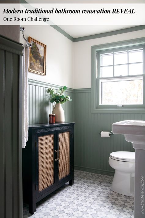 Finished bathroom renovation in our historic home. Modern traditional style update to dated, plain half bathroom! One Room Challenge final week Colonial House Bathroom Remodel, Small Historic Bathroom Remodel, Bathroom Vanity With Wood Countertop, Green Cottage Bathroom, Tudor Bathroom, Parents Bathroom, Historic Bathroom, Colonial Bathroom, Scottish Cottage