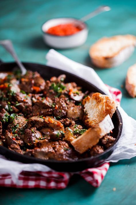 Peri-peri chicken livers: Brown 500g chicken livers (cleaned and trimmed) in 2 tbs butter. Add 3 crushed cloves garlic, then 3-4 tbs peri-peri sauce. Add juice of a lemon, ½ cup cream, salt & pepper to taste; cook a few minutes. Sprinkle with chopped parsley; serve with crusty bread. | Simply Delicious Peri Peri Chicken Livers, Portuguese Rolls, Chicken Liver Recipes, Peri Chicken, Liver And Onions, Peri Peri Chicken, Liver Recipes, Chicken Liver, Peri Peri