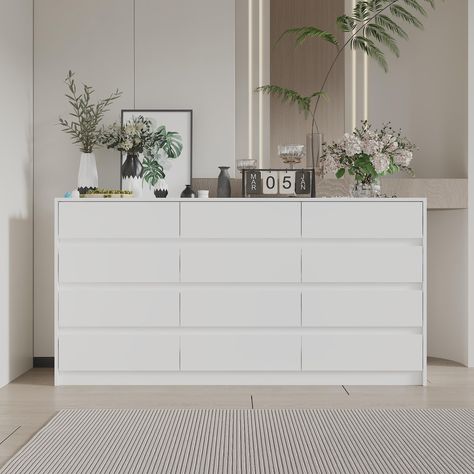 PRICES MAY VARY. [Stylish Design] – Hitow dresser chest comes with sleek design. White surfaces with no extra decoration build an atmosphere of understated elegance for your room. Handleless design adds further sense of uniqueness. Thanks to the modern and simple design, it’ll match with different furnishing styles perfectly. Overall Dimensions: 63”L x 15.7”W x 31.9”H [Sufficient Storage] - This double dresser features 12 drawers to meet your storage needs in living room. The drawers in differen White Dresser Bedroom, 12 Drawer Dresser, Large Chest Of Drawers, Bedroom Drawers, Dresser For Bedroom, Dresser Chest, 9 Drawer Dresser, White Dresser, Living Room Hallway