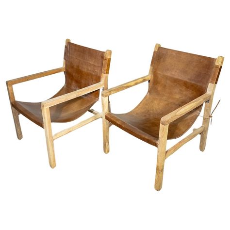 Pair of Brown Leather Sling Chairs with Bleached Wood Arms and Legs For Sale at 1stDibs Leather Sling Chair, Ergonomic Seating, Bleached Wood, Sling Chair, Rustic Chic, Leather Chair, Modern Industrial, Leather Seat, Hanging Chair