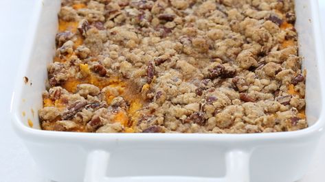 The BEST Sweet Potato Casserole Recipe - Chef Savvy Pecan Crumble Topping Recipe, Potato Souffle, Canned Yams, Pecan Crumble, Best Sweet Potato Casserole, Boiling Sweet Potatoes, Sweet Potato Souffle, Sweet Potato Recipes Casserole, Crunchy Pecans