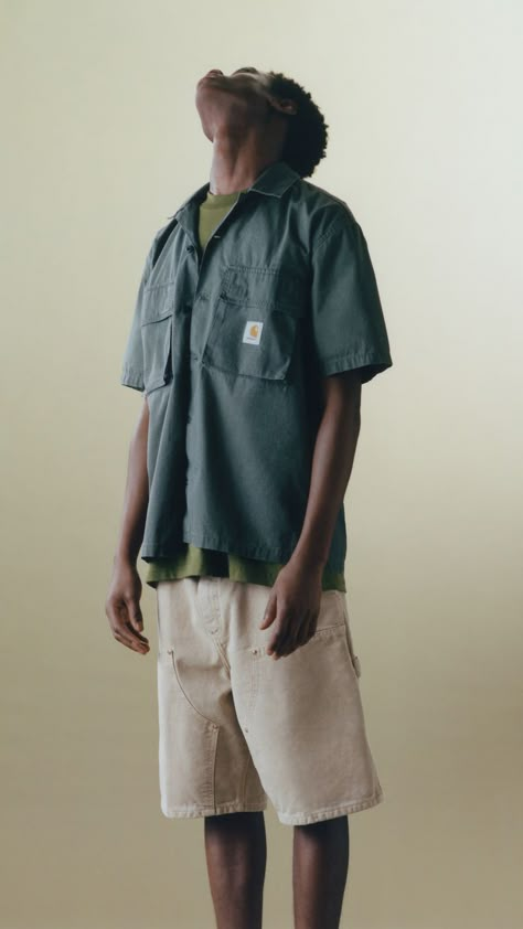 Carhartt Work in Progress. Spring/Summer 2023 Lookbook. A look at the season ahead. Featuring the Double Knee Short, and Master Shirt. Carhartt Summer Outfit, Summer 2023 Outfits Men, Carhartt Outfit, 2023 Lookbook, Summer Workwear, Carhartt Shorts, Carhartt Work In Progress, Streetwear Men, Spring Summer 2023