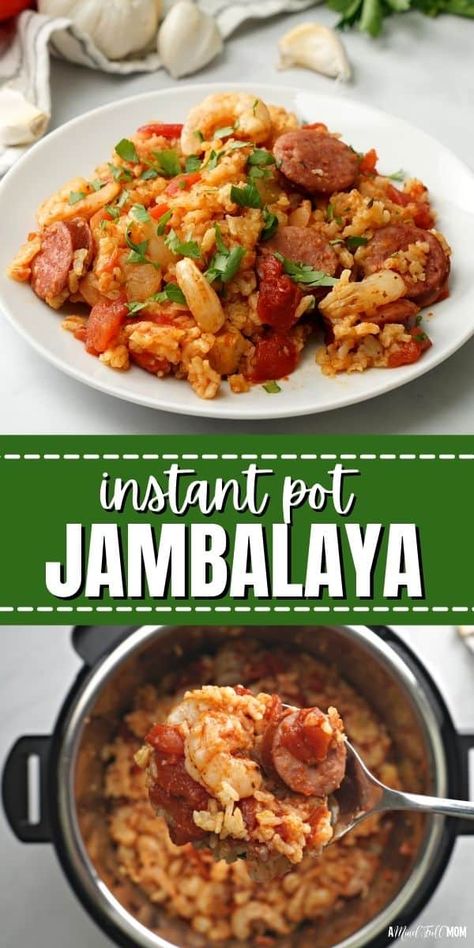 Spicy sausage, tender chicken, and perfectly cooked shrimp are enveloped in a spicy mixture of vegetables and rice in this easy recipe for Instant Pot Jambalaya. Jambalaya Recipe Instant Pot, Instant Pot Jambalaya, Sausage Jambalaya Recipe, Chicken And Sausage Jambalaya, Sausage Jambalaya, Healty Dinner, Jambalaya Recipe, Best Instant Pot Recipe, Dinner Easy