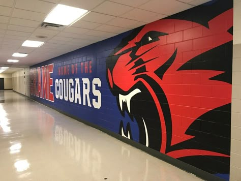 Decorate School Hallways, Sports Murals School, Wall Wraps Graphics, Locker Room Wall Graphics, School Murals Highschool, School Hallway Aesthetic, School Banner Design Ideas, School Signage Design, School Lobby Design