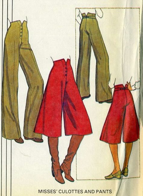 High Waisted Culottes, Diy Vetement, Clothes Winter, Fashion Sewing Pattern, Sewing Pattern Sizes, Bell Bottom Pants, Fashion Design Sketches, Moda Vintage, Old Fashion