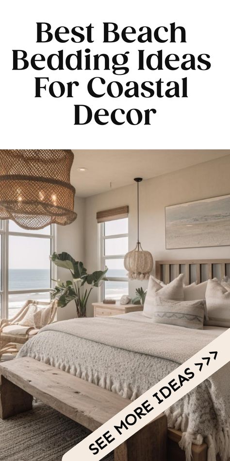 Best Beach Bedding Ideas for Coastal Decor bedroom with ocean view, wicker lamps, neutral bedding, and indoor plants. Beach House Bed Frames, Coastal Bedrooms Black Bed, Coastal Black And White Bedroom, Beach House Bedrooms, White Quilt Bedding, Beach House Bedding, Country Bedroom Design, Beach Style Bedroom, Bedroom Vibes