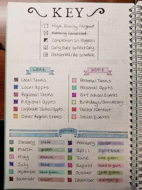 Color Coded Calendar Ideas, Bujo Color Code, Color Code Planner Ideas, Color Code Calendar, Calendar Color Coding, Planner Color Coding Key, Key Bullet Journal, Bullet Planner Ideas, Bujo Key