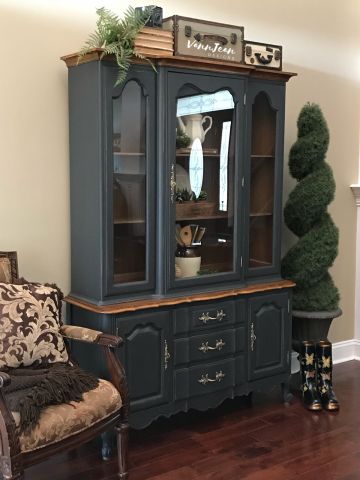 French Provincial China Cabinet / Hutch | General Finishes 2018 Design Challenge Refinished China Cabinet, French Provincial China Cabinet, Black China Cabinet, China Cabinet Decor, Farmhouse China Cabinet, China Cabinet Hutch, China Cabinet Redo, China Cabinet Makeover, Cabinet Hutch