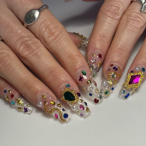 stunning yum yum 💎✨👑 @emilymeowwww #brighton #brightonnails #christmasnails #winternails #gemnails #3dnailart Jewel Nail Designs, Whimsigoth Nails, Charms Nails, Nails With Charms, Nail Jewels, Gem Nails, Nail Charms, 3d Nail Art, Yum Yum