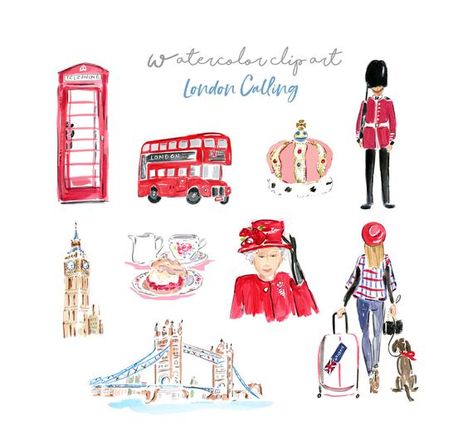 London Clip Art Collection  - Watercolor Clip Art  - Travel Clip Art - Printable - London - British Travel Clip Art, London Phone Booth, Travel Clipart, Watercolor Clip Art, Phone Booth, Watercolor Images, London Print, London Calling, London Bridge