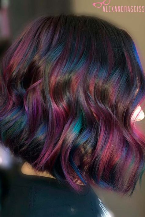 Rainbow Hair Ideas for Brunette Girls — No Bleach Required ★ See more: http://lovehairstyles.com/rainbow-hair-ideas-brunette-girls/ Oil Slick Hair Color, Oil Slick Hair, Hidden Hair Color, Rambut Brunette, Rainbow Hair Color, Multi Colored Hair, Girl Haircut, Hair Techniques, Winter Hair Color