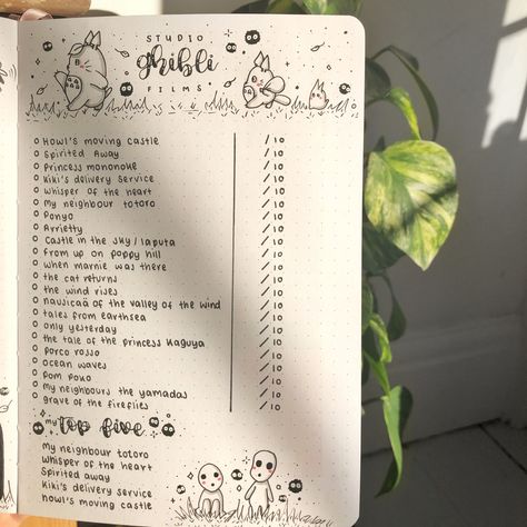 Movie Journal Aesthetic, Studio Ghibli Checklist, Ghibli Bullet Journal, Ghibli Journal, Bullet Journal Films, Movie Checklist, Bullet Journal Flip Through, Studio Ghibli Films, Creating A Bullet Journal