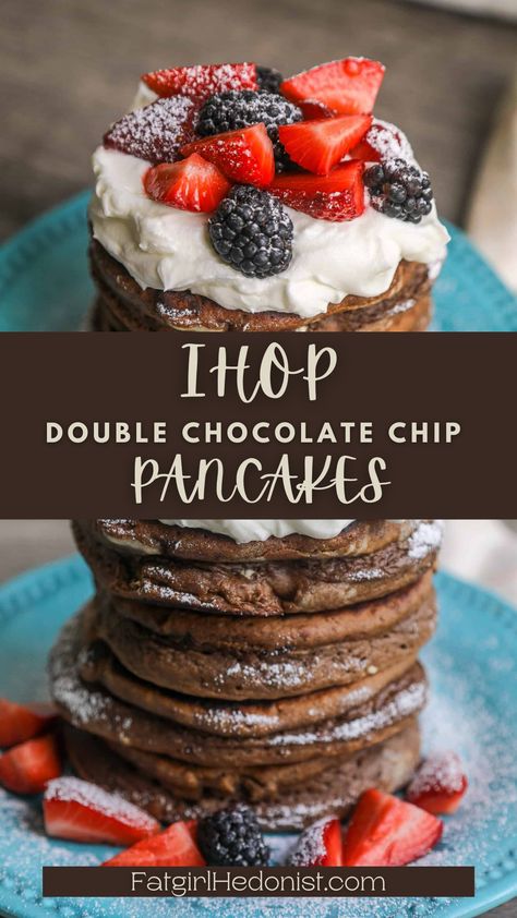 These delicious, fluffy, double chocolate chip pancakes are better than Ihop! These pancakes are a chocolate lover's dream. Chocolate Pancake Recipe, Double Chocolate Chip Pancakes, Chocolate Chocolate Chip Pancakes, Wonka Pancakes Ihop, Chocolate Chip Pancakes For One, Easy Chocolate Chip Pancake Recipe, Ihop Pancake Recipe Copycat, Best Chocolate Chip Pancake Recipe, White Chocolate Chip Pancakes