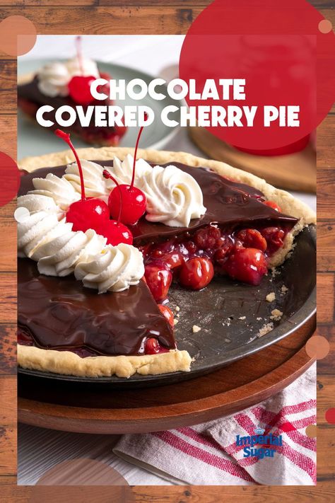 What could be better than a #cherry #pie? A chocolate covered one! The juxtaposition of tart and sweet makes this Chocolate Covered Cherry Pie irresistible. Standard pie crust can become soggy quickly, so Chef Eddy used our popular "crisp crust" recipe to avoid any potential soggy bottoms. A gluten-free version is available as well. For more pie recipes follow us at www.imperialsugar.com #imperialsugar #cherrypie #chocolatepie #valentinesday chocolatelover Chocolate Cherry Pie, Chocolate Covered Cherry, Cherry Pie Recipe, Chocolate Pecan Pie, Chocolate Covered Cherries, Baking Company, Chocolate Pecan, Perfect Pies, Chocolate Pies