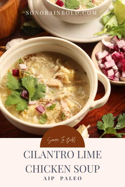 This Cilantro Lime AIP Chicken Vegetable Soup is a creamy chicken soup with a little bit of zesty tang, but instead of corn or beans it has a mix of vegetables. You will love this AIP slow cooker recipe! It is AIP, Paleo, and whole 30 and perfect for the winter season. Candida Soup Recipes, Aip Chicken Soup, Aip Soup Recipes, Aip Lunch Ideas, Aip Slow Cooker, Aip Crockpot, Chicken Soup Paleo, Lime Chicken Soup, Cilantro Soup