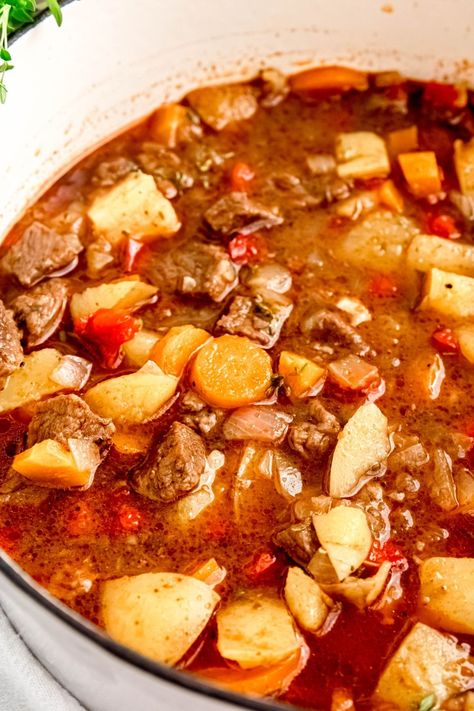 If you're craving a soul-warming, belly-filling meal, you're going to love my easy-peasy Dutch Oven Beef Stew! Made with just 15 simple ingredients in only a few easy steps, this naturally gluten-free veggie-loaded stew is sure to become a family favorite. What's even better? This hearty beef stew is a stealthy health champion. It’s loaded with a rainbow of veggies that’ll make both your body and tastebuds jump with joy. 🌈🥕🥔 Best Beef Stew Recipe Dutch Oven, Beef Stew Dutch Oven, Dutch Oven Vegetable Beef Soup, Campfire Dutch Oven Beef Stew, Beef Stew In Dutch Oven Over Fire, Beef Stew Recipe Oven, Beef Stew With Potatoes And Carrots, Gluten Free Beef Stew, Dutch Oven Beef Stew