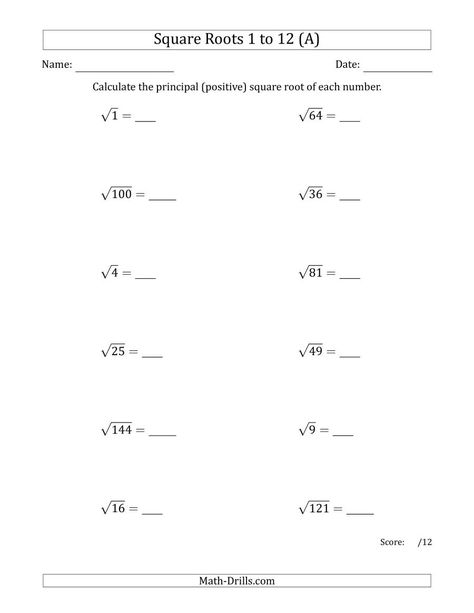 The Principal Square Roots 1 to 12 (A) Math Worksheet from the Number Sense Worksheets Page at Math-Drills.com. Number Sense Worksheets, Act Math, Math Drills, 12th Maths, School Break, Square Roots, Number Sense, Math Worksheet, Group Work