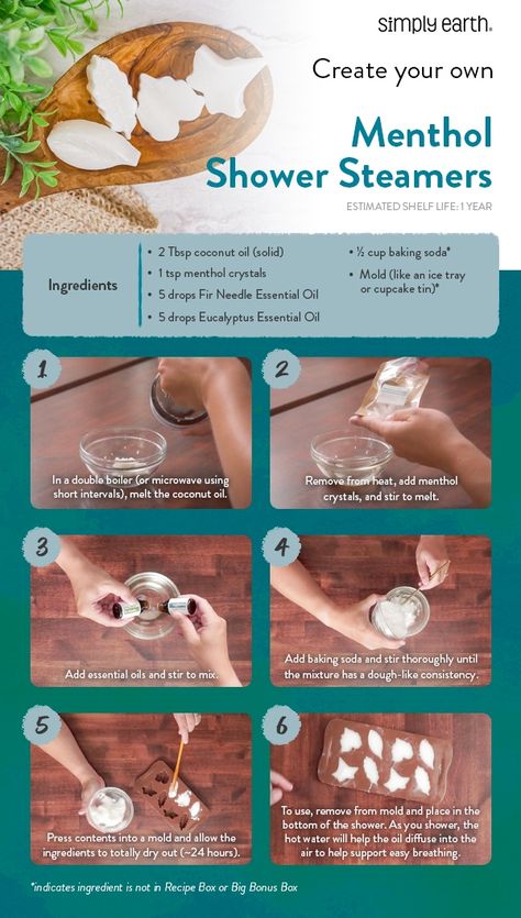 Shower Steamer Recipe, Homemade Shower Steamers, Menthol Shower Steamers, Shower Steamers Diy, Fir Needle Essential Oil, Simply Earth, Menthol Crystals, Steamer Recipes, Cold Symptoms