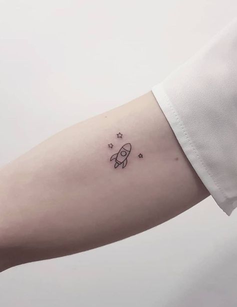 Rocket Ship Tattoo, Physics Tattoos, Spaceship Tattoo, Emoji Tattoo, Minimal Tattoo Designs, Minimal Tattoo Ideas, Rocket Tattoo, Astronaut Tattoo, Universe Tattoo