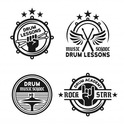 Drum school or drum lessons set of four ... | Premium Vector #Freepik #vector #logo #banner #vintage #label Drum Tattoo, Drums Logo, Motorcycle Illustration, Logo Banner, Drum Lessons, Bar Logo, Band Logos, 로고 디자인, Art Logo