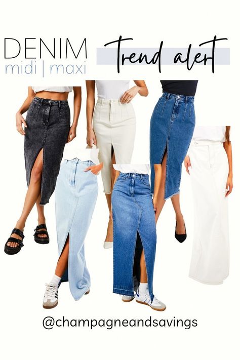 Maxi Skirt Outfit Fall Winter, Midi Denim Skirt Outfit Fall, Skirt Guide, Denim Skirt Outfit Fall, Denim Maxi Skirt Outfit, Denim Midi Skirt Outfit, Denim Skirt Trend, Denim Skirt Fashion, Jeans Outfit Women