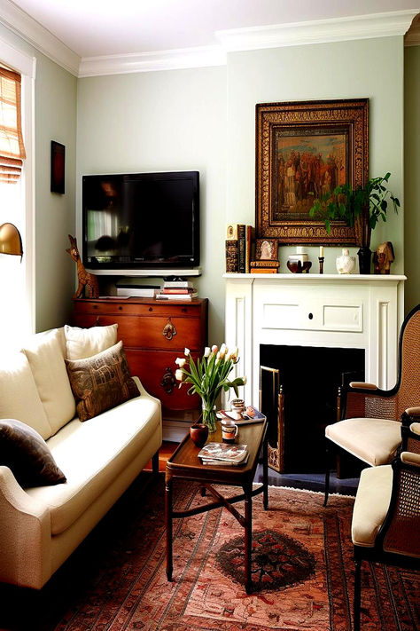 A living room with a harmonious blend of vintage and modern elements, featuring a flat-screen TV atop an antique chest next to a white fireplace.