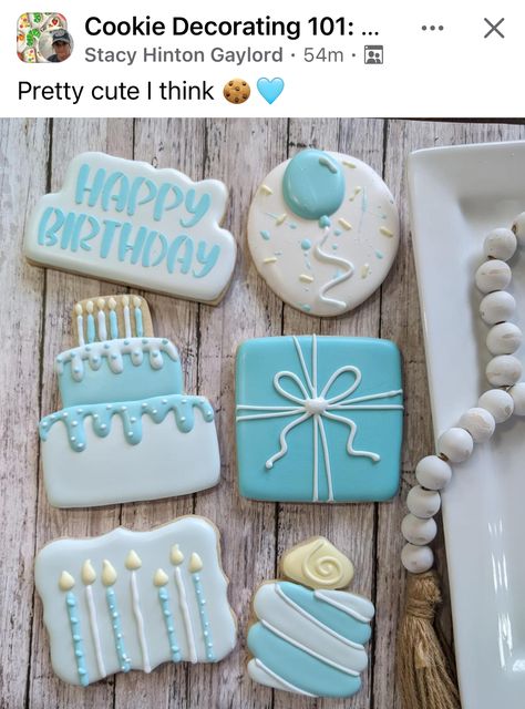 Blue Birthday Cookies, Birthday Cake Cookies Decorated, Happy Birthday Cookies Decorated, Party Cookies Decorated, Royal Icing Birthday Cookies, Happy Birthday Sugar Cookies, Birthday Royal Icing Cookies, Birthday Cookies Decorated, Galletas Royal Icing