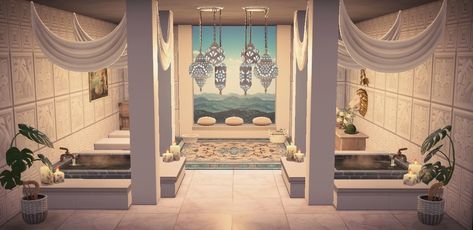 Acnh Bathhouse, Animal Crossing Spa, Acnh Bathroom Ideas, Acnh Spa, Acnl Interior, Acnh Living Rooms Ideas, Island Layout, Ocean Spa, Jacuzzi Room