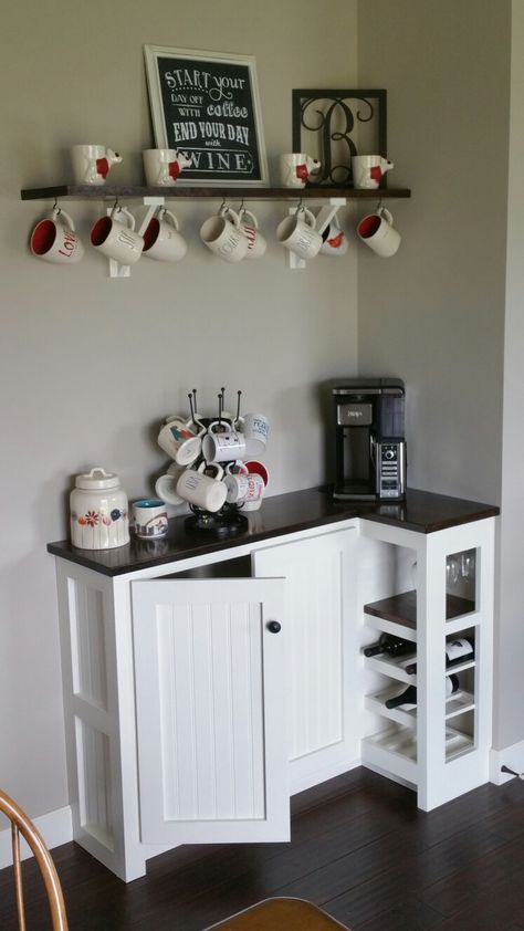 Coffee & Wine corner bar Diy Corner Coffee Bar Station, Corner Coffee Nook, Small Corner Coffee Bar, Coffee Corner Ideas Small Spaces Modern, Corner Wet Bar Ideas, Small Corner Coffee Bar Ideas, Corner Dry Bar Ideas, Coffee And Wine Station, Home Bar Designs Small Corner