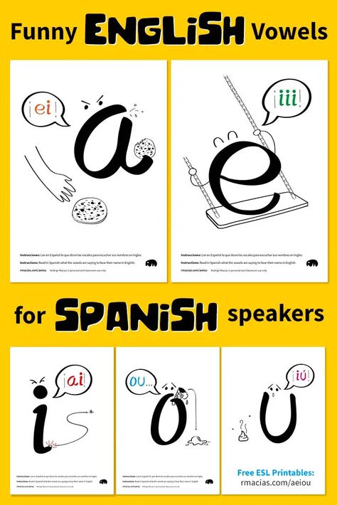 Funny English Vowels for Spanish-speakers PDF - Box of Ideas English Vowels, Spanish Basics, Spanish Lessons For Kids, Spanish Alphabet, Spanish Speaking, Spanish Verbs, Spanish Reading, Spanish Speaking Countries, Spanish Phrases