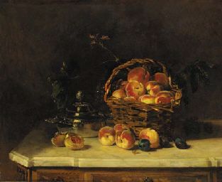 Philippe Rousseau -Peaches in a wicker basket on a marble topped commode  PHILIPPE ROUSSEAU (FRENCH, 1816-1887) Still Life Artists, Still Life Fruit, Margaret Atwood, Color Harmony, Oil Painting Reproductions, Handmade Oil, Painting Reproductions, French Art, Still Life Painting