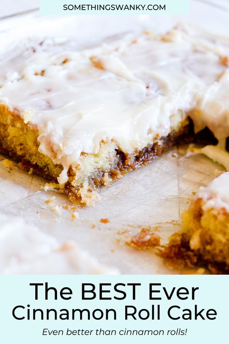 This Cinnamon Roll Cake is heaven in a pan! You'll like these better than actual cinnamon rolls, no joke. Angel Food Cake In A Sheet Pan, Best Cinnamon Roll Cake, Cinnamon Roll Sheet Cake, Cinnamon Roll Cake Recipe, Uni Meals, Cinnamon Cake Recipes, Baking Tricks, Cinnamon Roll Frosting, Roll Cake Recipe