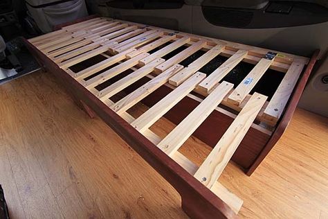 Fingerjoint bed frame                                                                                                                                                                                 More Rv Conversion, Rv Remodeling, Airstream Living, Mini Loft, Airstream Renovation, Murphy Bed Plans, Bedroom Couch, Small Space Bedroom, Vintage Airstream