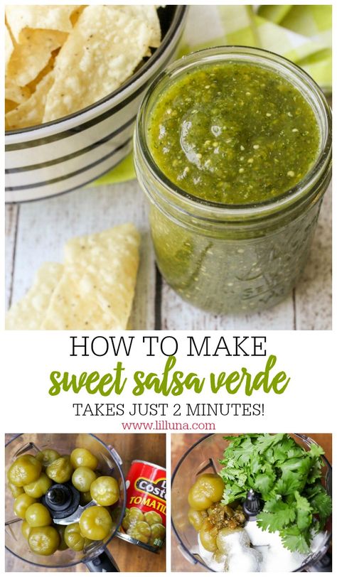 Sweet Salsa Verde - a delicious salsa recipe that is sweet and spicy and takes just minutes to make. Ingredients include tomatillos, jalapeños, sugar, & cilantro. Sweet Tomatillo Salsa, Summer Salsa Recipes, Texmex Recipes, Canned Tomatillos, Sweet Salsa, Summer Salsa, Mexican Favorites, Cilantro Recipes, Salsa Verde Recipe