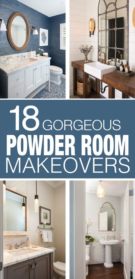 18 Powder Room Ideas - How to Nest for Less™ Blue And Gold Powder Room Ideas, Powder Room Accessories Decorating Ideas, Grand Millennial Powder Room, Powder Decor Ideas, Powder Room Coastal Half Baths, Tile In Half Bathroom, Powder Bath Decor Ideas, Powder Restroom Ideas, Best Powder Rooms