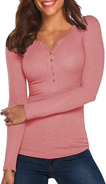 Tobrief Womens Fitted Long Sleeve V Neck Button Down Henley Shirts Pink,S Henley Shirt Women, Womens Henley, Women's Henley, Spring T Shirts, Autumn T Shirts, Shirts Long Sleeve, Sweater Fits, Basic Tops, Henley Shirts