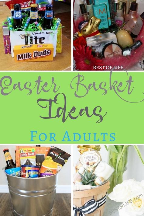 Adults want baskets too, so help the Easter Bunny come up with some impressive Easter basket ideas for adults that they will love. Husband Easter Basket, Easter Basket Ideas For Adults, Boyfriend Easter Basket, Mens Easter Basket, Cheap Easter Baskets, Family Easter Basket, Adult Easter Egg Hunt, Easter Basket Themes, Adult Easter Baskets