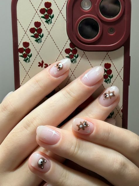 Short Teddy Bear Nails, Teddy Bear Nails Short, Cute Bear Nails Korean, Teddy Bear Nails Designs, Teddy Bear Nail Designs, Teddy Nail Art, Nail Art Bear, Bear Nails Designs, Nails Teddy Bear