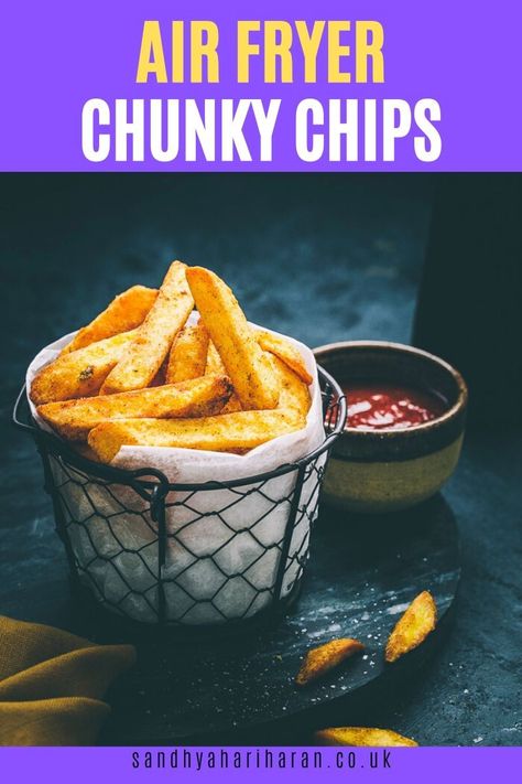 Air fryer Chunky Chips – Let’s say Yess!  Cooking chunky potato chips  in the air fryer makes them nice and crispy on the outside, yet soft and pillowy inside. Perfect as instant chips craving solution. Pub Chips Air Fryer, Fried Chips Recipe, Chips In Air Fryer How To Make, Airfryer Chips Potatoes, Air Fryer Chips Recipes, Air Fry Chips, Air Fryer Chips Potatoes, Homemade Chips In Air Fryer, Airfryer Potato Chips