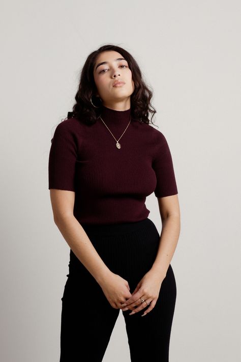 Mockneck Top Outfit, Arlington Sweater, High Neck Top Outfit, Aspirational Aesthetic, Mock Neck Top Outfit, Maroon Shirt Outfit, Burgundy Top Outfit, Knitted Top Outfit, Color Outfits