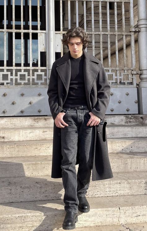 black outfit, black jeans, black shoes, black coat, black shirt, men’s fashion, outfit ideas, outfit inspo Artist Outfit Style Men, Black Button Up Shirt Outfit Men Formal, Concert Black Outfit Orchestra Men, Male Rockstar Outfit, Dark Academia Aesthetic Fashion Male, Black Jacket Outfit Casual, Black Dress Shirt Outfit, Dark Jeans Outfit Men, Academia Outfits Men