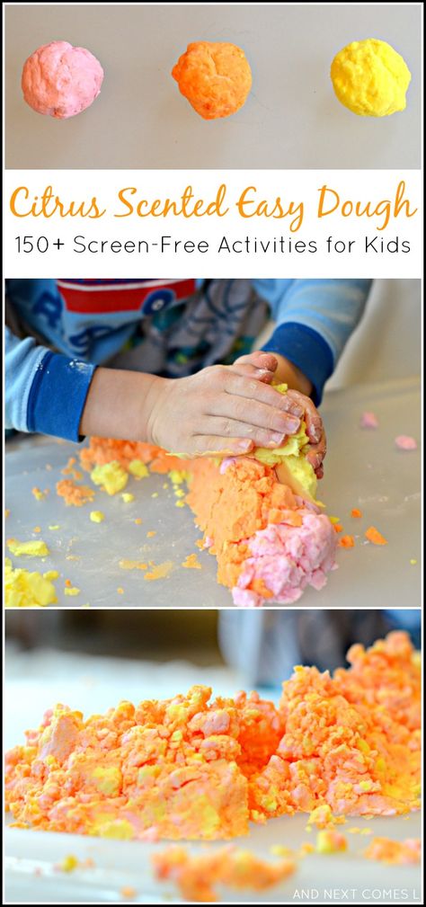 Citrus scented easy dough - sensory play for toddlers and preschoolers {150+ Screen-Free Activities for Kids Book Review} from And Next Comes L Citrus Sensory Play, Smelly Playdough Recipe, Homemade Scented Playdough, Lemon Scented Playdough, Scented Playdough Recipe No Cook, Sensory Play For Toddlers, Easy Dough, Game For Toddlers, Sensory Play Toddlers